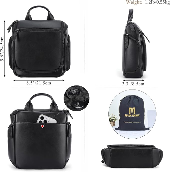 Masa Kawa Leather Hanging Travel Toiletry Bag for Men Portable Expandable Camping Cosmetics Makeup Toiletries Organizer Waterproof Bathroom Shaving Kit Black Wash Bags - Image 3