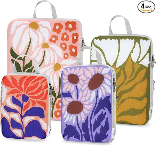 Gonex Compression Packing Cubes, 4pcs Expandable Storage Travel Luggage Bags Organizers, Travel Cubes for Suitcase Carry On (Flowers) by Gonex