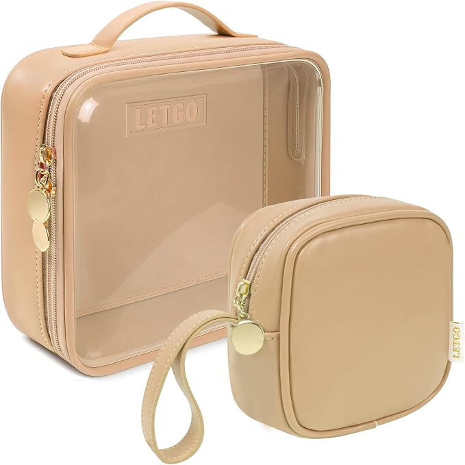 LETGO Travel Toiletry Bag for Women with Small Make Up Bag for Purse,Large Clear Toiletry Bag Lightweight Wide-open Travel Bag for Women, Cosmetic Makeup Bag Organizer(Handle-Sand, Large+Mini) by LETGO