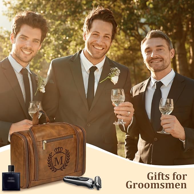 Personalized Mens Large Leather Travel Toiletry Bag Hanging Dopp Kit Grooming with Laser Engraved Initials, Custom Monogrammed Gifts for Groomsmen Groom Boss Friend Brother, Mustard Letter O - Image 3