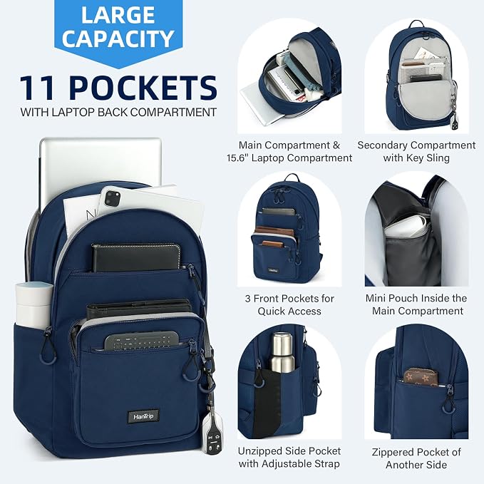HanTrip Carry On Travel Backpack For Women, 18 Inch Water Resistant Large Backpack Lightweight Bookbag For Men, 8x14x18 Personal Item Bag Casual Daypack Backpacks For Work Office Commuter (Navy Blue) - Image 3
