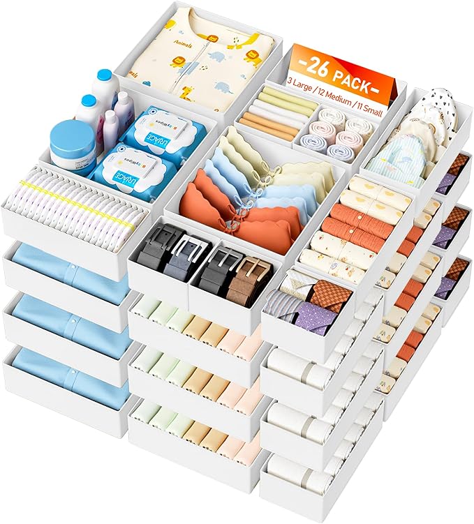 DIMJ Drawer Organizer Clothes- 26 Pack Baby Dresser Organizer for Nursery, Small Fabric Closet Drawer Organizer Bins for Underwears Socks, Foldable Storage Dividers Organization for Bedroom by DiMJ