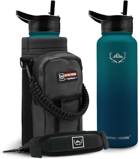 NATURE PIONEOR 40 oz Insulated Water Bottle with Carrier Bag & 3 Lids | 18/8 Food-grade Stainless Steel, Double Vacuum Insulation, 3 Leak-proof Lids, Strap, Camping, Hiking, Gym, Work by NATUREPIONEOR