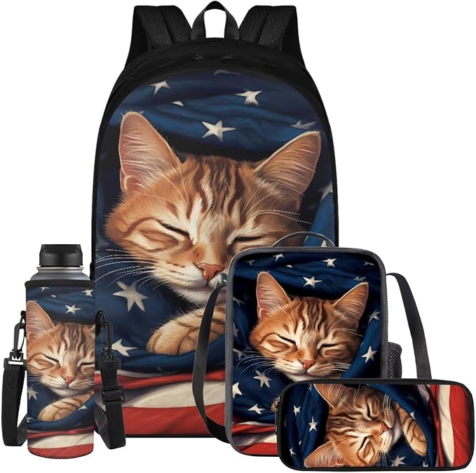 American Flag Cat Backpack for Girls Boys Backpack with Lunch Box Water Bottle Holder and Soft Pencil Pouch 4PCS Set Cute Bookbag with Compartments for School 17 inch Large School Bag for Kids by ELEDIZI