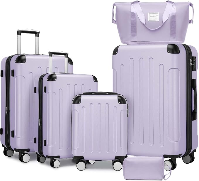 6 Piece Luggage Set Hard Shell - Lavender Expandable Suitcases with Spinner Wheels and Duffel Bags for Family Travel, Durable Carry On Luggage Sets with Lock for Women and Men by Unknown