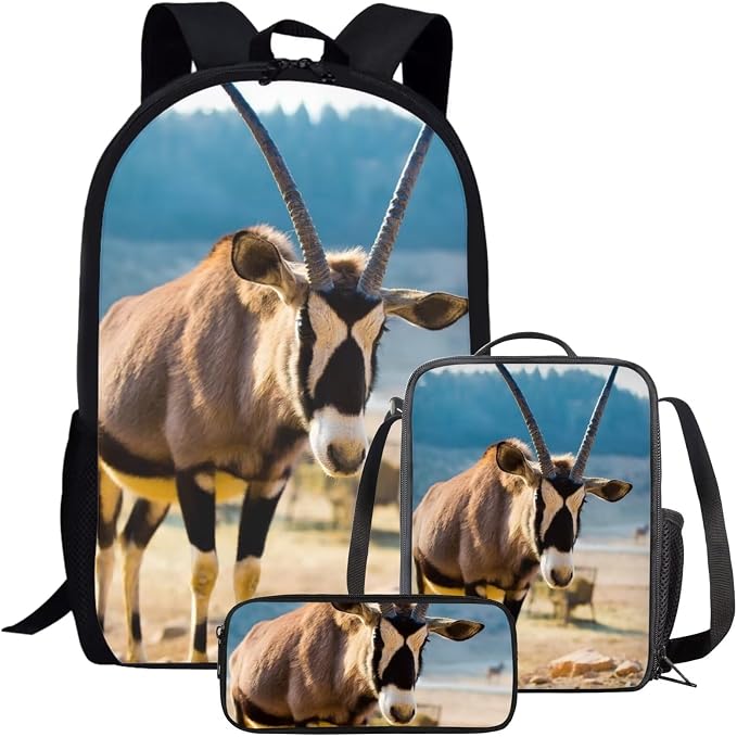 Girls Boys School Backpack with Lunch Box Pencil Case Comfy Padded Lightweight Antelope Backpack Set Kids Cute Bookbag Insulated Lunch Bag Student Large Capacity Daypack 17 Inch by Parprinty