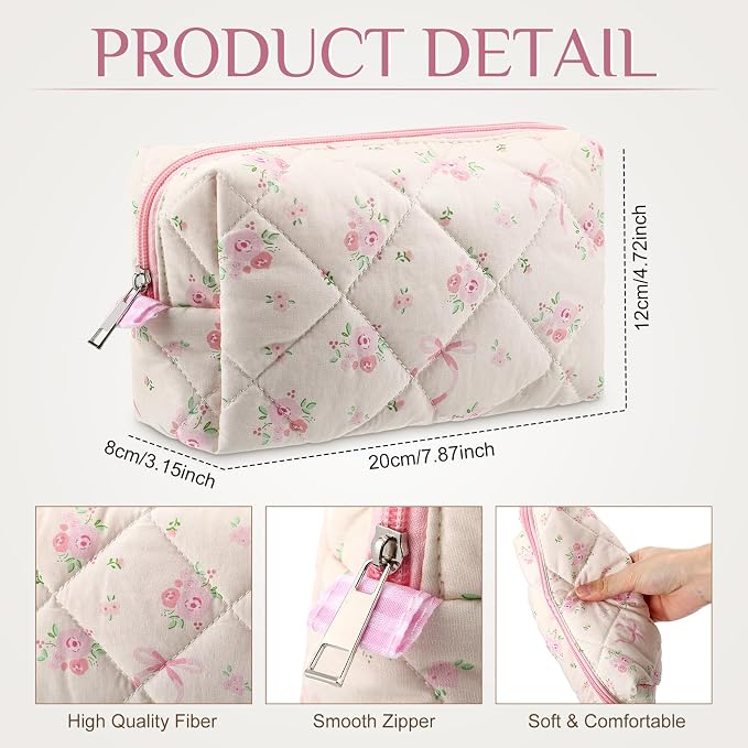 Paterr 10 Pcs Quilted Makeup Bag Bulk Cotton Floral Cosmetic Bag Women Girls Bridesmaid Gifts Cute Makeup Pouch Coquette Aesthetic Travel Toiletry Organizer(Pink Bow,6.30 x 3.94 Inches) - Image 2