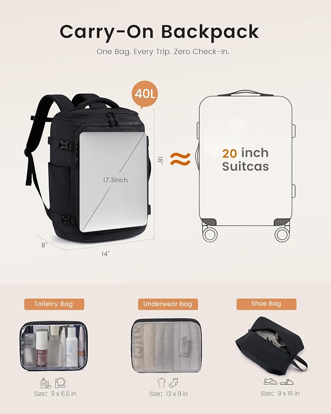 LOVEVOOK Travel Backpack for Women & Men, 40L TSA Approved Carry On Backpack with 3 Packing Cubes, Waterproof Weekender Overnight Bag, Business Travel Essentials, Beige-Black-Orange - Image 3