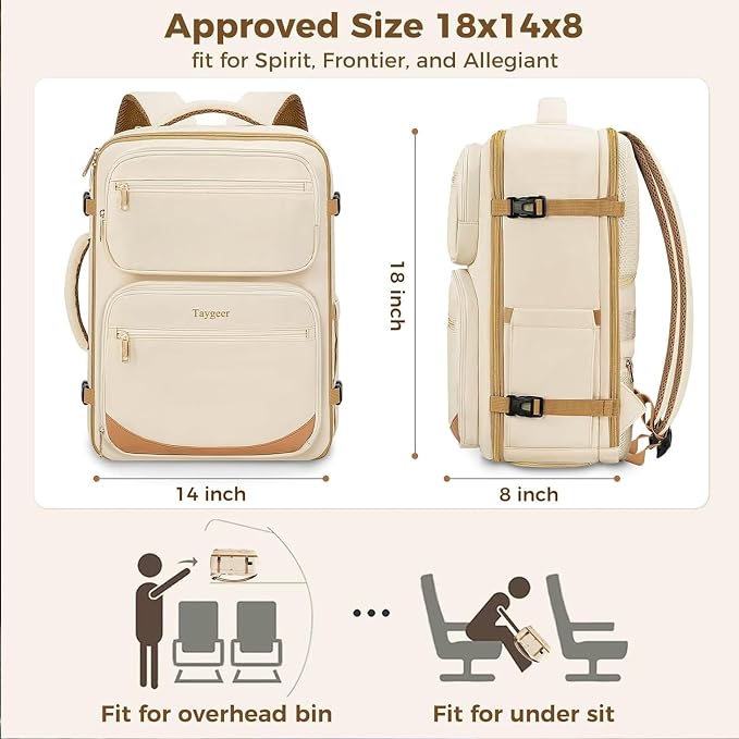 Taygeer Frontier Airlines Personal Item Bag, 18x14x8 inches Travel Bag | TSA Approved Underseat Backpack 40L for Women Weekender Fits Allegiant & JetBlue, Carry on Backpack with Shoe Pouch, Beige - Image 3