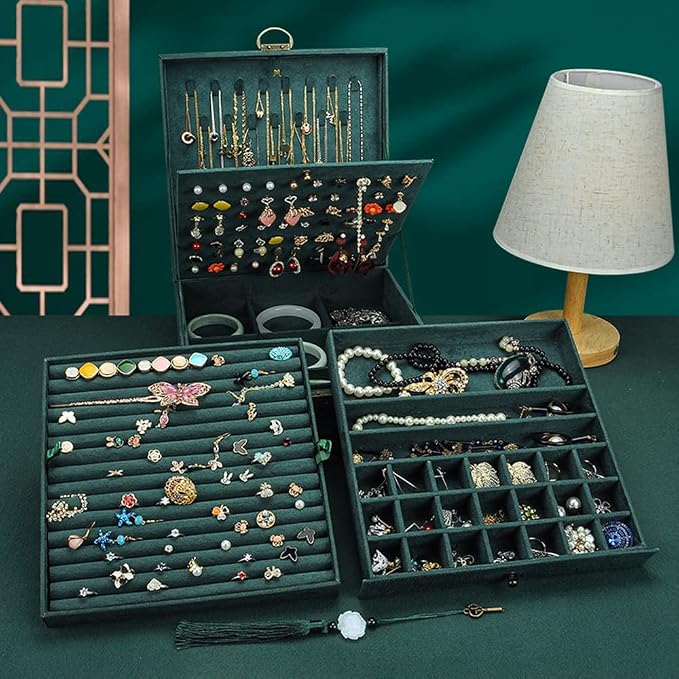 Jewelry Organizer 5 Layers Velvet Square Jewelry Box Women Necklace Ear studs Display Bangles Large Jewelry Storage Case Drawer GY306 (Green) - Image 7