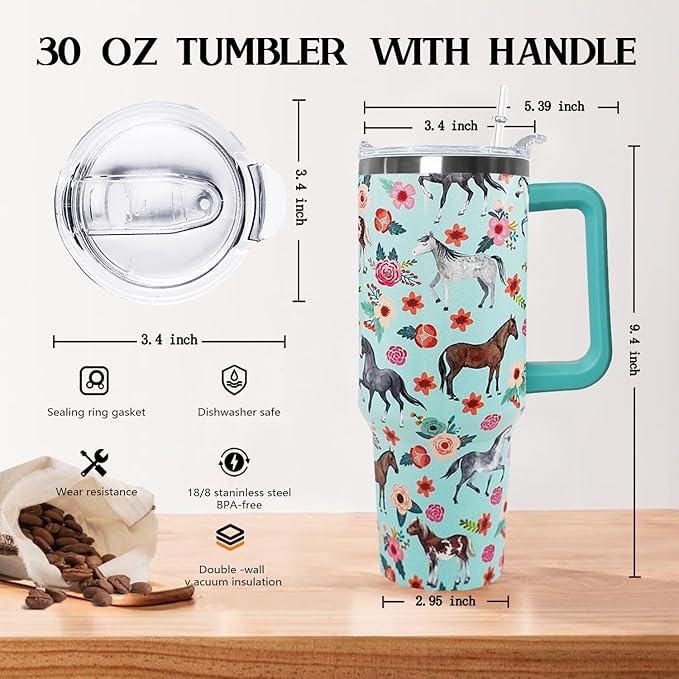 30 oz Horse Stainless Steel Tumbler with lid and Straw Coffee Travel Mug Cup Water Botter,Horse Gifts for Women