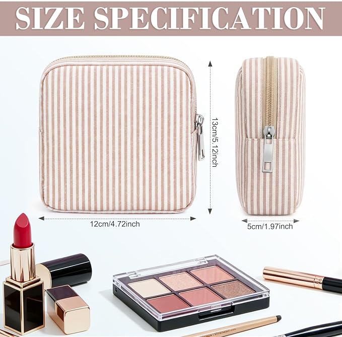 Giesiery 8 Pcs Seersucker Makeup Bags Striped Cosmetic Bags Bulk Organizer for Women Preppy Travel Toiletry Pouch for Wedding Bridesmaid Gifts (Khaki, Mini) - Image 2