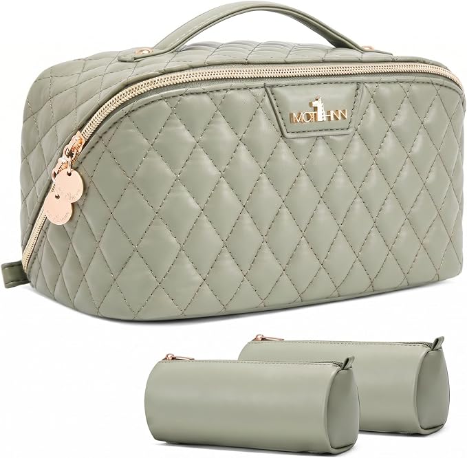 Travel Makeup Bags Cosmetic Organizer: 3Pcs Set Puffy Make up Bag for Women | Green Premium Quilted ELEGANCE Design | Large Capacity Leather Toiletry Bags | Wide Open Compact Case for Travel Essentials by Unknown