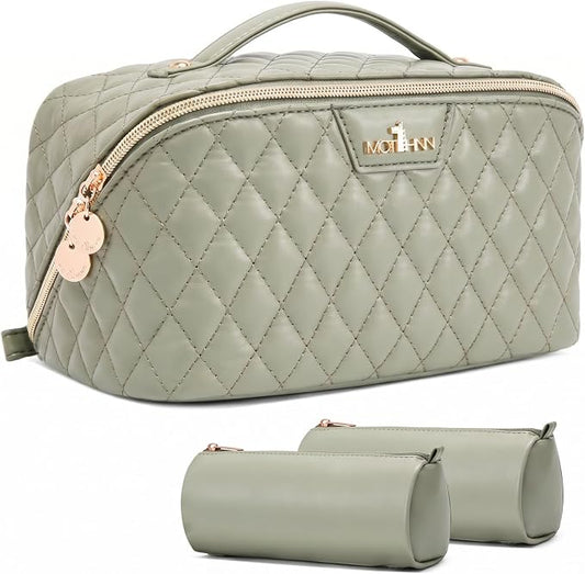 Travel Makeup Bags Cosmetic Organizer: 3Pcs Set Puffy Make up Bag for Women | Green Premium Quilted ELEGANCE Design | Large Capacity Leather Toiletry Bags | Wide Open Compact Case for Travel Essentials by Unknown