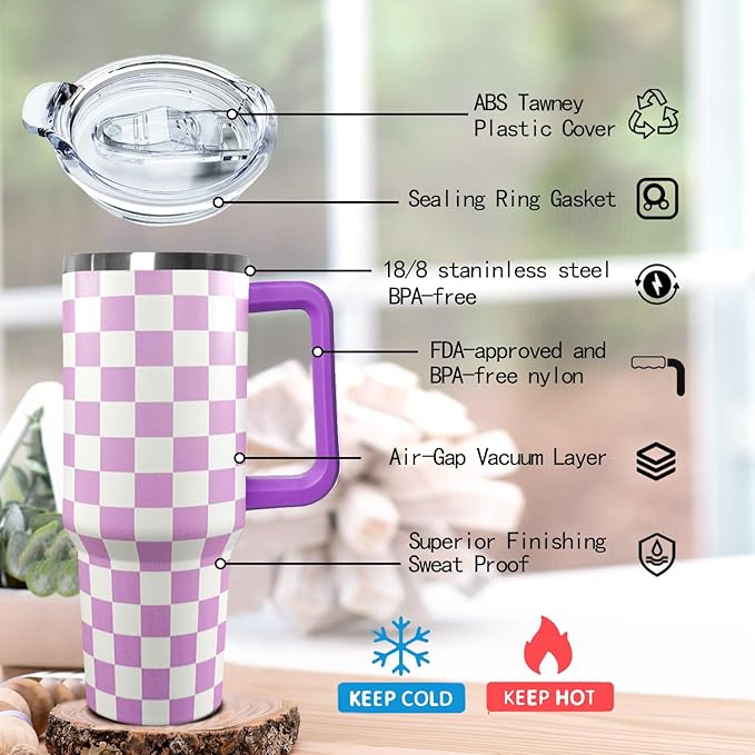 30 Oz Purple Checkered Tumbler with Handle Lid and Straw, Checkered Tumbler Water Bottle Travel Coffee Cup Mug,Checkered Gifts for Women Men