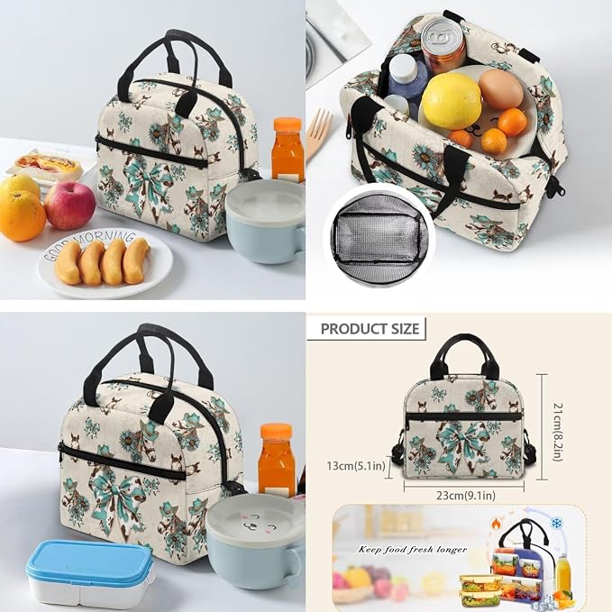 Cow Print Bow 4Pcs Kids Backpack Set, 17 Inch School Bag | Lunch Bag, Water Bottle Holder, Lightweight Durable 600D Material, Multi Pockets, for Boys Girls Elementary Middle School - Image 5