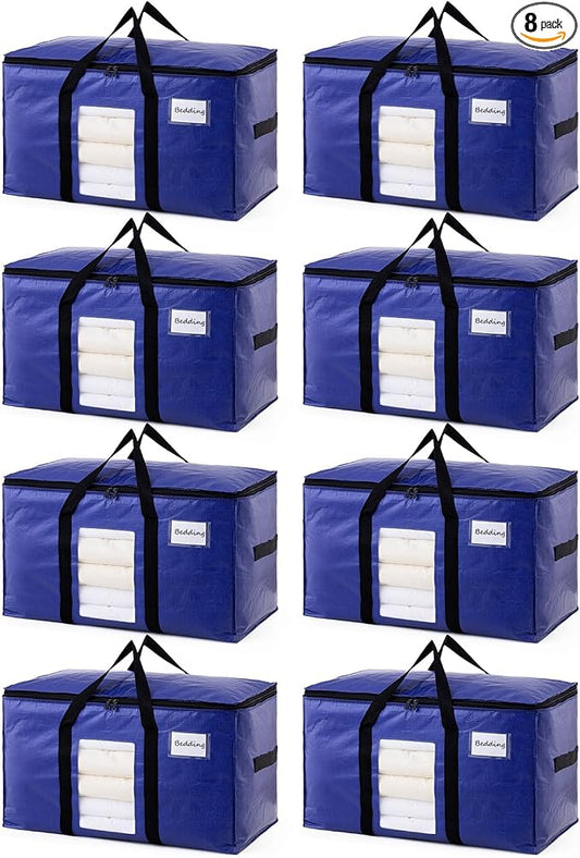 TAILI 8 Pack Dark Blue Extra Large Moving Bags, Heavy Duty Totes with Visible Window, Wrap Around Handles, Great for Storage by TAILI