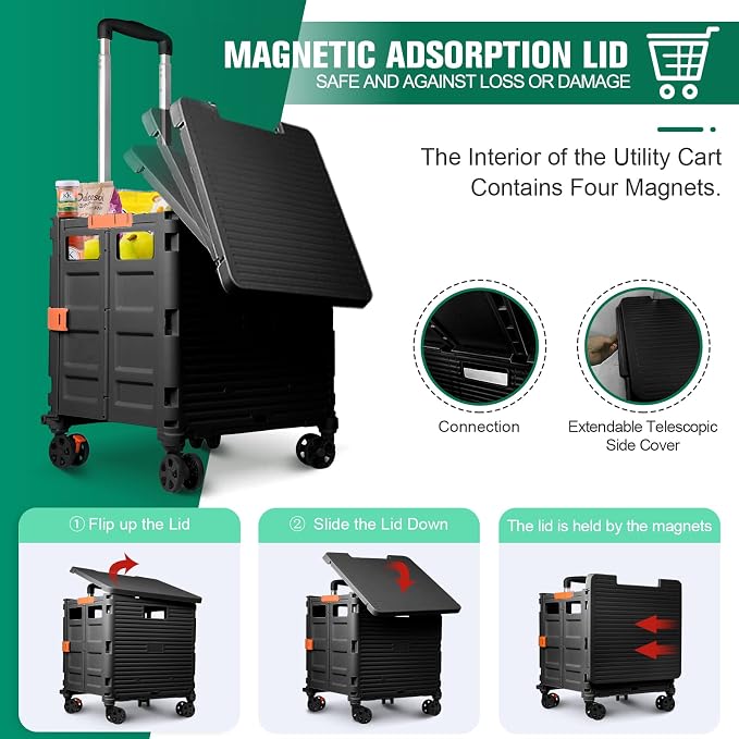 FELICON SELORSS Folding Utility Cart Portable Rolling Crate Handcart-Black | Magnetic Sliding Lid,Telescoping Handle,Plastic Box Dolly,360°Swivel Wheels for Travel Shop Move Laundry Office Teacher Use - Image 2
