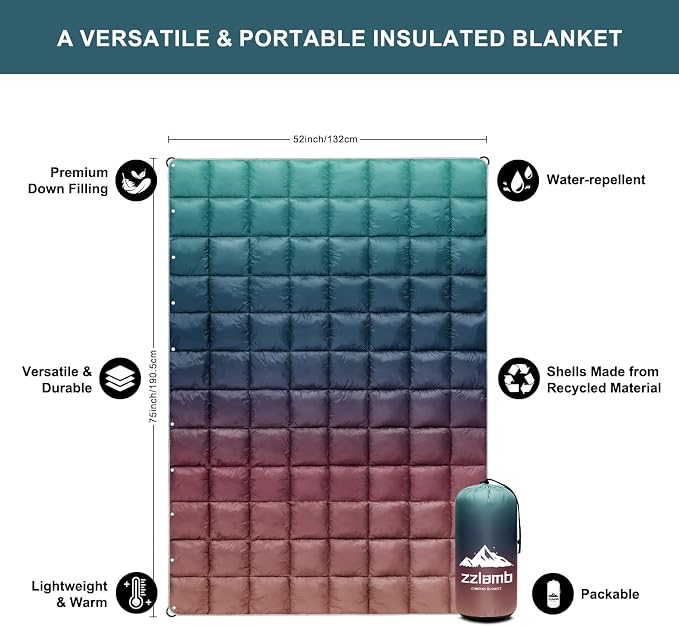 zzlamb Puffy Down Camping Blanket Water-Repellent, Down Throw Travel Blanket Portable for Outdoor, Light Warm Quilt for Couch Plane Car Theater Stadium Picnic RV Backpacking Hammock - Image 3