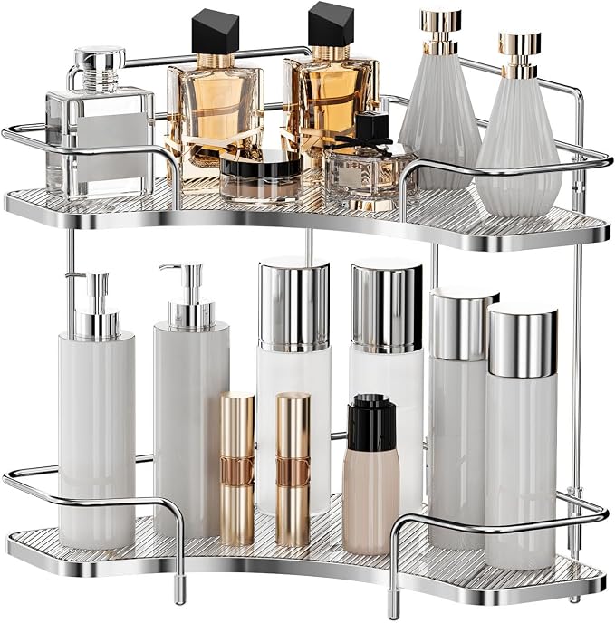 Seoneiro 2 Tier Corner Bathroom Counter Organizer, Cosmetic Skincare Organizer, Bathroom Countertop Perfume Tray Vanity Organizer, Kitchen Spice Corner Storage Shelf by Seoneiro