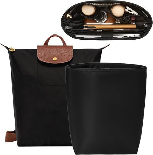 Soft Nylon Purse Organizer Insert for Longchamp Le Pliage M Backpack,Waterproof Lightweight with Laptop Compartment Long Champ Medium Backpack,Upgrade Taller Bag Insert with Cup Holder, Black by OAIKOR