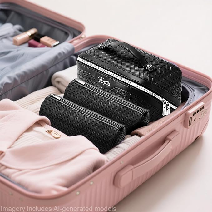 BOYATU Travel Makeup Bags for Women: 3 Pcs Large Make up Bags Set - Vegan Leather Cosmetic Bag for Traveling - Waterproof Toiletry Organizer (L05 Black) - Image 6