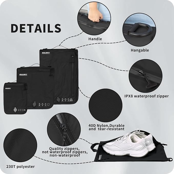 Eulant 5 Set Vacuum Packing Bags for Travel With Pump,Professional IPX8 Zip Packing Organizer for Suitcases Backpack,Space Saver Bags Packing Organizers for Clothing Packing(5 Set,Black) - Image 5