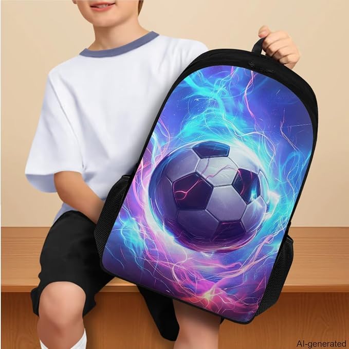 Lightning Soccer Backpack for Boys Girls Backpack with Lunch Box Water Bottle Holder with Strap and Pencil Case 4PCS Set Bookbag with Compartments for School 17 inch Sturdy School Bag for Kids - Image 3