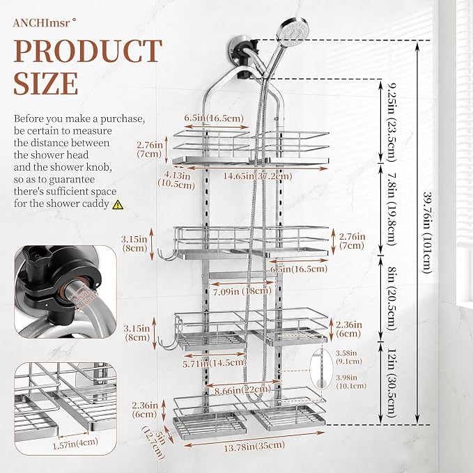 4-Tier Adjustable Hanging Shower Caddy for Handheld Showerhead, Silver | Rustproof Shower Rack Baskets, Anti-Swing Hanging Shower Organizer for Bathroom Storage with 2 S-Hooks, Large Capacity - Image 2