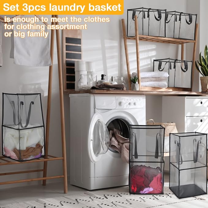 Zopeal 3 Pack Popup Laundry Hamper 13 Inch Collapsible Laundry Baskets with Handles Mesh Clothes Baskets Portable Foldable Clothes Hamper Square Bin for Washing (Black,Double-layer) - Image 3