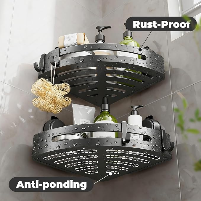 Shower Caddy Corner,Suction Cup Shower Caddy with Hooks,No Drilling Rustproof Aluminum Bathroom Organizers and Storage,Shelves for Bathroom Accessories Decor (1) - Image 5