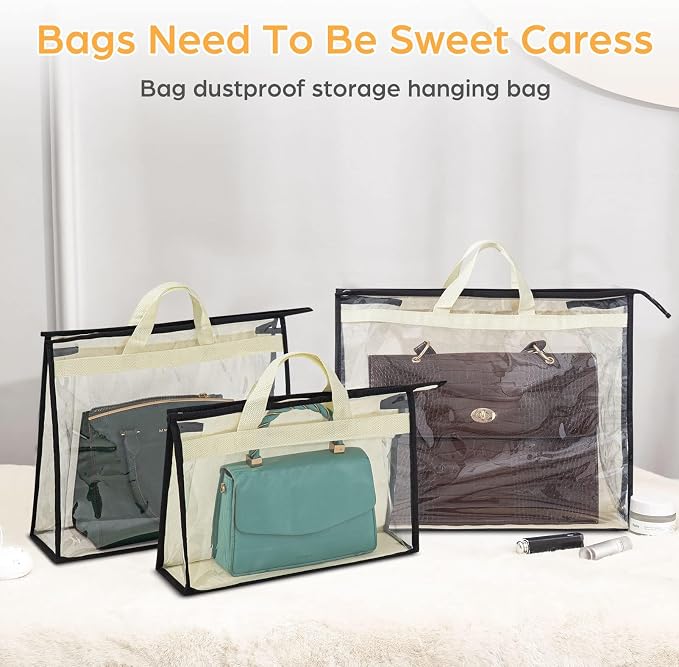 12 Packs Dust Bags for Handbags, Clear Handbag Storage, Purse Storage Organizer for Closet, Purse Cover Hanging Closet Organizer with Zipper and Handles - Image 4
