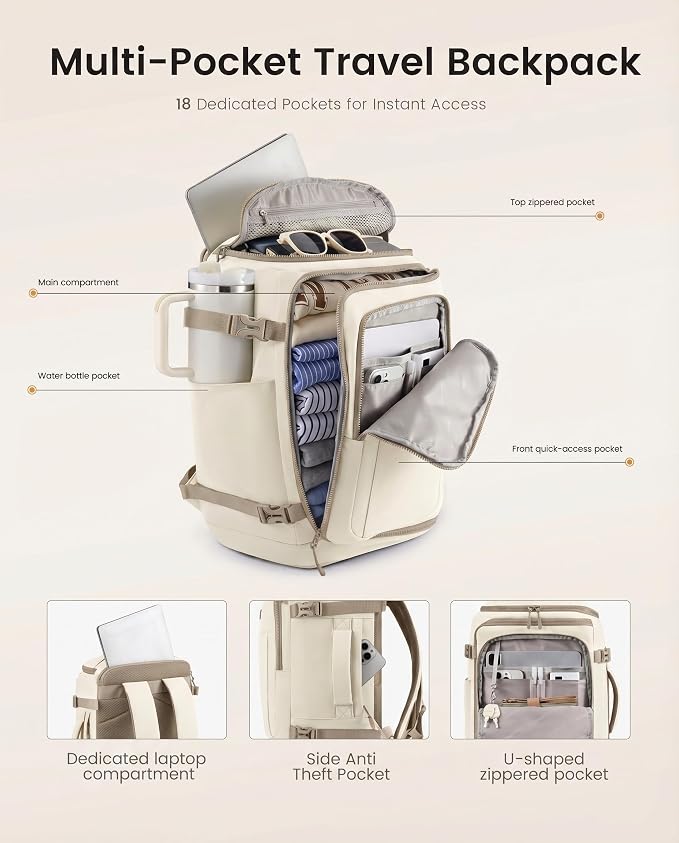 LOVEVOOK Travel Backpack for Women & Men, 40L TSA Approved Carry On Backpack with 3 Packing Cubes, Waterproof Weekender Overnight Bag for 2-4 Day Trips, Business & Travel Essentials, Khaki-Beige - Image 5