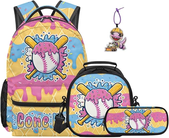 Cone Ice Cream Drip Baseball Print Kids 4-in-1 School Bag, Comfort-Padded Backpack Set with Lunch Box, Pencil Case & Dinosaur Charm Sport Bookbag for Girls Ages 8-12 4th 5th Grade by Dremagia