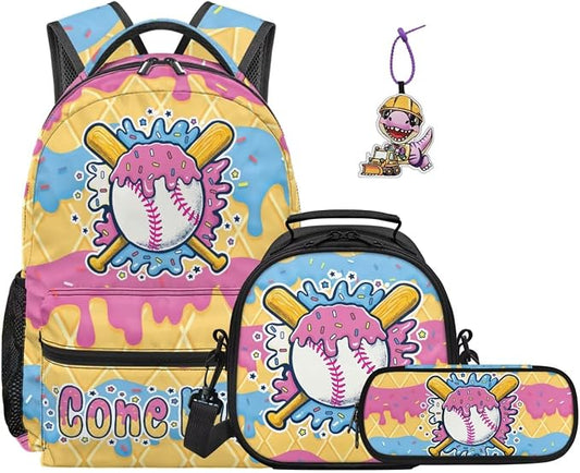 Cone Ice Cream Drip Baseball Print Kids 4-in-1 School Bag, Comfort-Padded Backpack Set with Lunch Box, Pencil Case & Dinosaur Charm Sport Bookbag for Girls Ages 8-12 4th 5th Grade by Dremagia