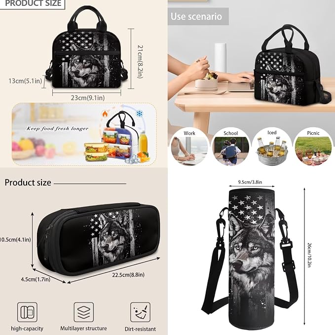 Wolf School Backpack for Boys, American Flag Black Bookbag Set of 4, Kids 17 Inch Laptop Backpack Pen Case Lunch Box Water Bottle Holder for Middle Elementary Senior Year School Ages 8-10 - Image 6