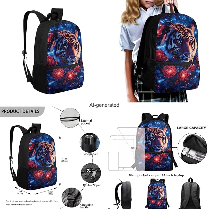 Aesthetic Tiger Backpack for Kids Girls Backpack with Lunch Box Water Bottle Carrier and Zipper Pencil Case 4PCS Set Bookbag with Front Pocket for School 17 inch Large Capacity School Bag - Image 3