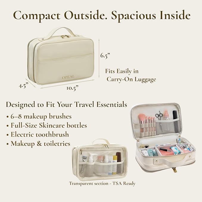 2-in-1 Travel Makeup and TSA Toiletry Organizer for Women – Flexible Compartments, Clear TSA Window, Wipe Clean Vegan Leather, Gift Box Included – Carry-On Approved, Cream - Image 4