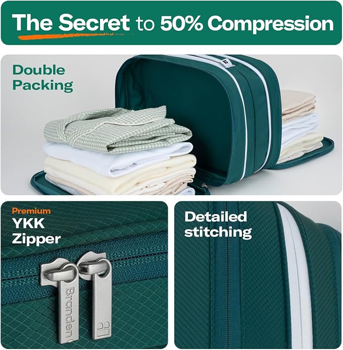Branden Compression Packing Cube, X-Large, Green | Travel Essentials l Luggage Organizer l Self Compression Organizer for Travel l Overnight Trip, Road Trip, Beach, Cruise - Image 3