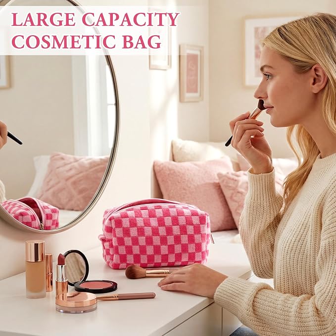 Gilprop 8 Pcs Checkered Makeup Bag for Purse Small Cosmetic Pouch Bulk Portable Zipper Makeup Pouch Travel Toiletry Organizer Gifts for Women Bridesmaid Wedding Party Favors (Hot Pink) - Image 5