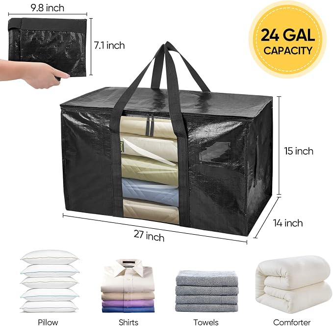 BALEINE 8-Pack Oversized Moving Bags with Reinforced Handles, Heavy-Duty Storage Tote Moving Supplies for Packaging, Camping (Black w/Window, 8-Pack) - Image 2