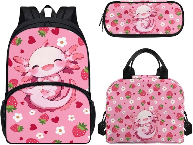 Cute School Backpack for Girls, Kids Strawberry Axolotl Backpack School Bookbags with Insulated Lunch Box Pencil Case 3 in 1, Lightweight School Bag by CndexdWearfunPrintjoy