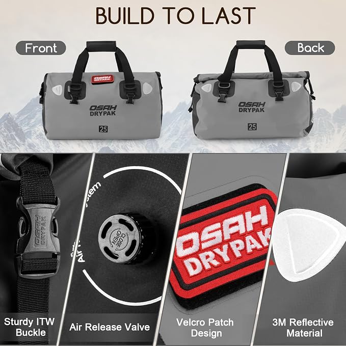 OSAH DRYPAK Waterproof Duffel Bag - Motorcycle Dry Bag Tail Bag with Large Storage Space, Waterproof Luggage Duffle Bags with Outer Mesh Zipper Pocket for Camping, Kayaking, Fishing & Traveling - Image 3