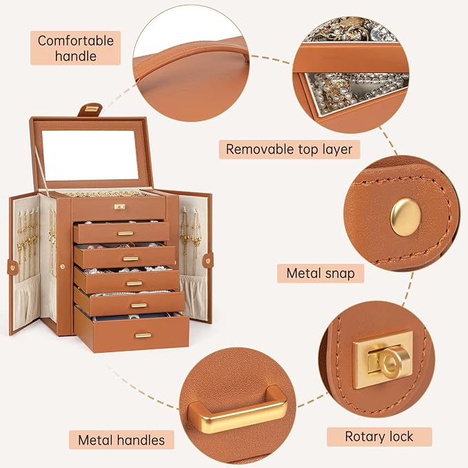 AKOZLIN 6-Tier Jewelry Box Organizer Functional 5 Drawers Leather Jewelry Storage Case for Women Girls Ring Necklace Earring Bracelet Holder Organizer with Mirror Medium Dark Orange - Image 4