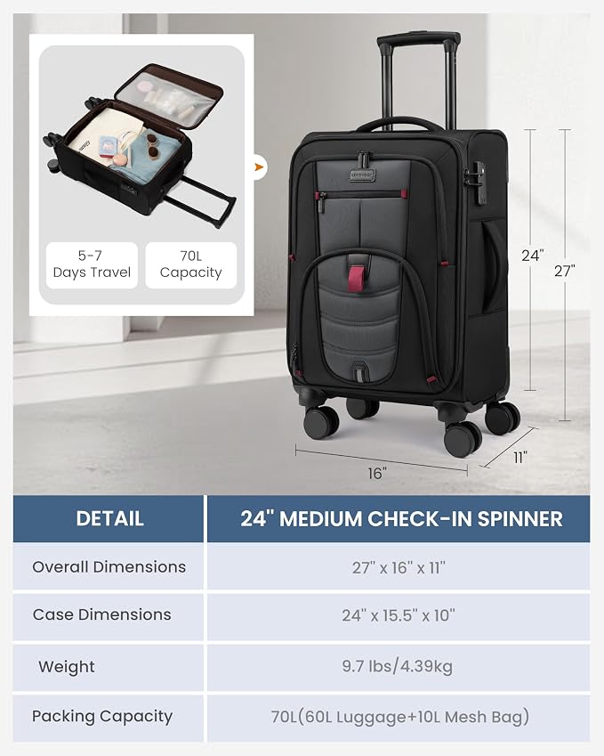 LOVEVOOK Business Softside Checked Luggage with 15.6/17.3 Inch Laptop Compartment, 24 Inch Checked Suitcase with Spinner Wheels Large Capacity Luggage with TSA Lock for Business Trip Travel Grey&Black - Image 3