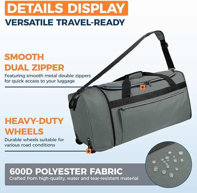 Uarition 70L Foldable Rolling Duffle Bag with Wheels, 28” Large Duffle Bag for Travel, Carry On Luggage Duffel Bag for Traveling/Camping/Moving, Water Resistant, Grey - Image 5