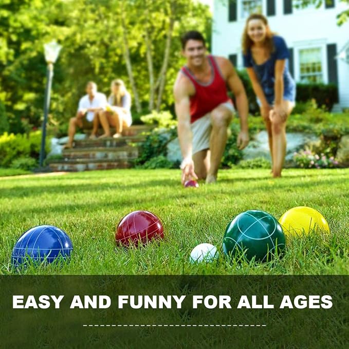 100mm Bocce Ball Set Regulation Size and Weight with 8 Resin Bochie Balls, Pallino, Carrying Bag, Measuring Rope, Gift for Family Backyard Lawn Yard Beach Bocci Games (Multi Colors, 2-8 Players) - Image 4