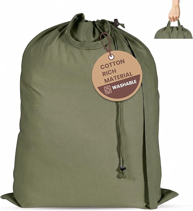 LFH Home Large Premium 1pack Cotton Rich Canvas Laundry Bag with Drawstring and Handles Heavy Duty, Multi-Use, and Washable for Home, Travel, College or Storage 28x40-Military Green by LFHHomePrivateLimited
