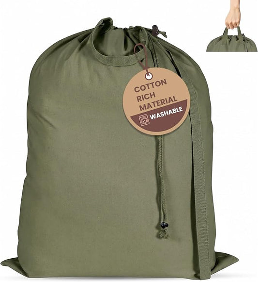 LFH Home Large Premium 1pack Cotton Rich Canvas Laundry Bag with Drawstring and Handles Heavy Duty, Multi-Use, and Washable for Home, Travel, College or Storage 28x36-Military Green by LFHHomePrivateLimited