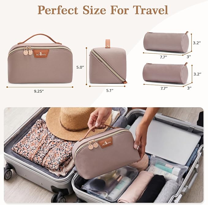 Travel Makeup Bag for Women: 3-in-1 Large Capacity Cosmetics Organizer with 2 Detachable Pouch - Vegan Leather Flat Open Toiletry Bag - Portable Travel Essentials for Full-Sized Bottles(Grey) - Image 5